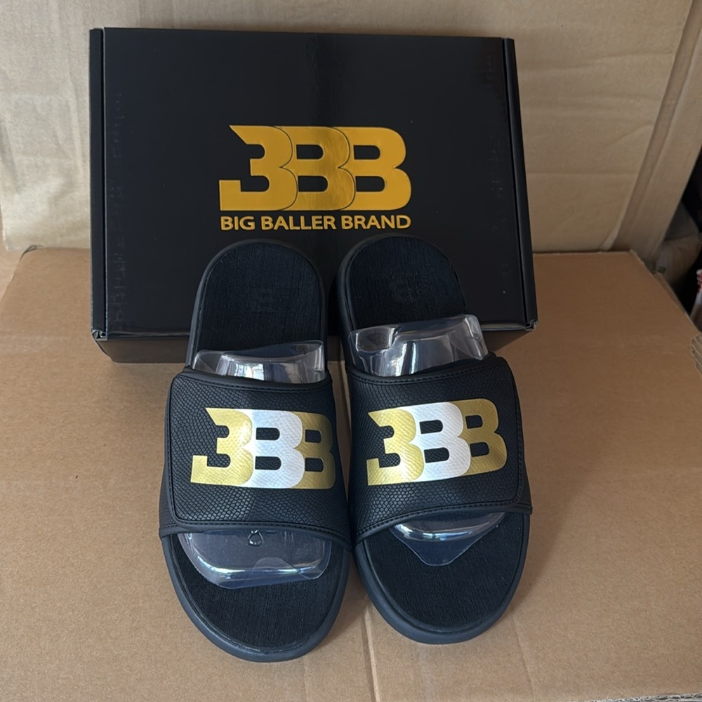 NWT- BIG BALLER BRAND whit BBB Logo Black Slide Sandals with Gold Accent.